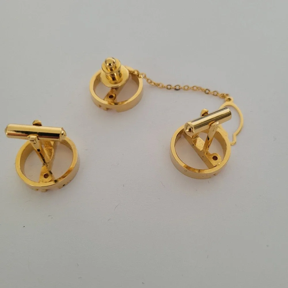 Dunhill Gold Tone Cufflinks and Tie Tack‎ Set Vintage Circular Geometric Design